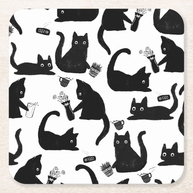 Bad Cats Knocking Stuff Over Square Paper Coaster (Front)
