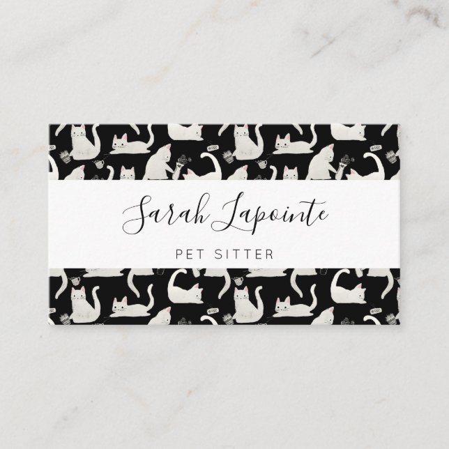 Bad Cats Knocking Stuff Over, White Cats on Black Business Card (Front)