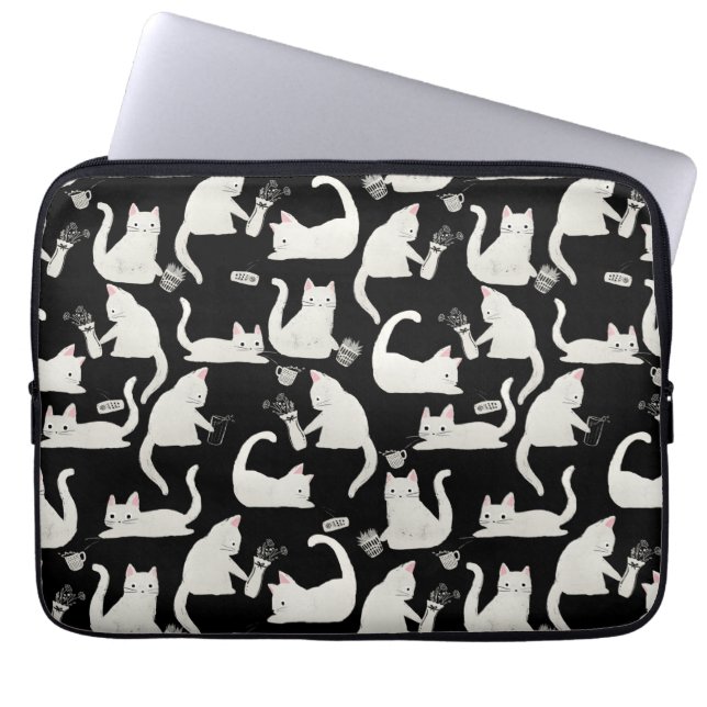 Bad Cats Knocking Stuff Over, White Cats on Black Laptop Sleeve (Front)