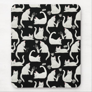 Bad Cats Knocking Stuff Over, White Cats on Black Mouse Pad