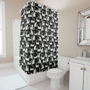 Bad Cats Knocking Stuff Over, White Cats on Black Shower Curtain