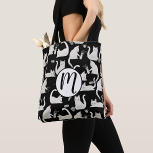 Bad Cats Knocking Stuff Over, White Cats on Black Tote Bag