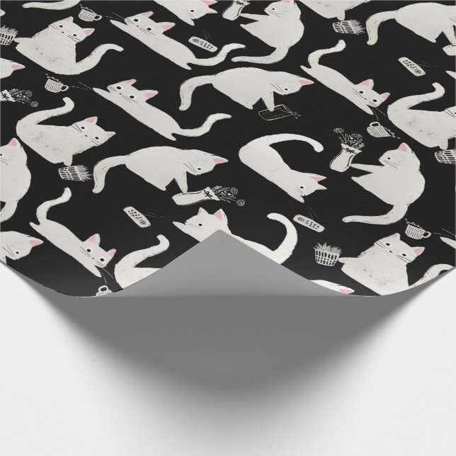 Bad Cats Knocking Stuff Over, White Cats on Black Wrapping Paper (Corner)
