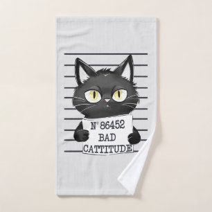Bad Cattitude – Black Cat Mugshot Bath Towel Set