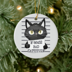 Bad Cattitude – Black Cat Mugshot Ceramic Tree Decoration