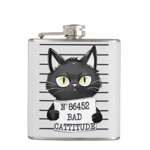 Bad Cattitude – Black Cat Mugshot Hip Flask