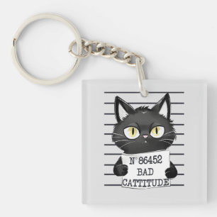Bad Cattitude – Black Cat Mugshot Key Ring