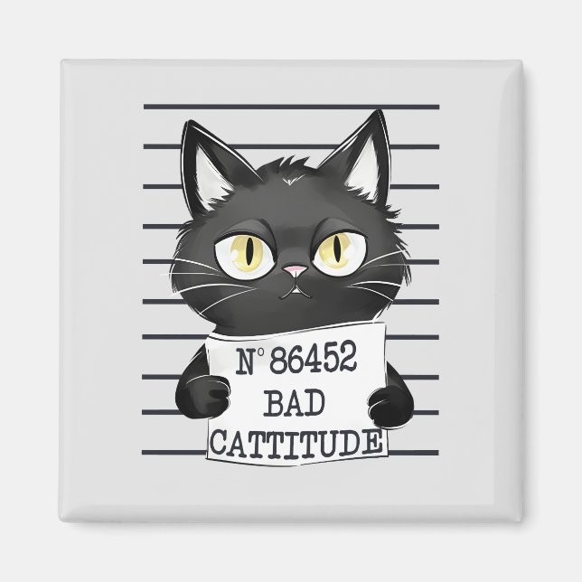 Bad Cattitude – Black Cat Mugshot Magnet (Front)