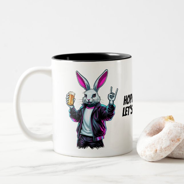Bad Easter Bunny! Hoppy Easter, Let’s Have Fun! Two-Tone Coffee Mug (With Donut)