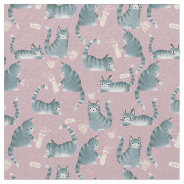 Bad Grey Tabby Cats Knocking Stuff Over Fabric (Close Up)