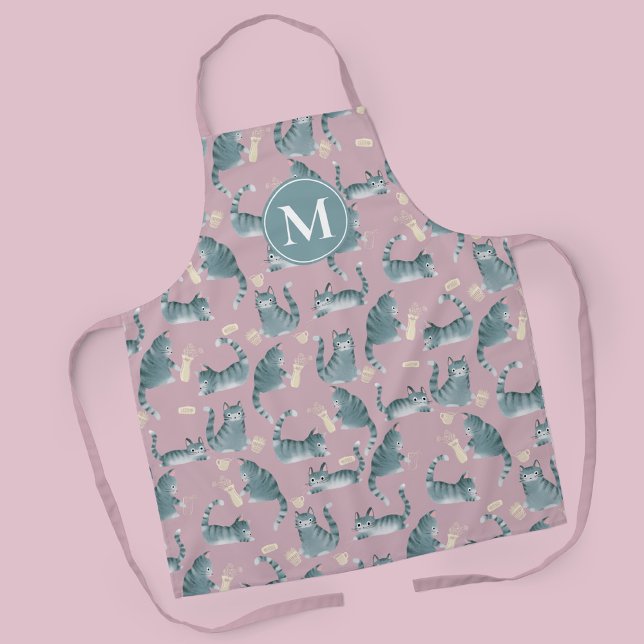 Bad Grey Tabby Cats Knocking Stuff Over & Monogram Apron (Bad Grey Tabby Cats & Monogram Design Apron)
