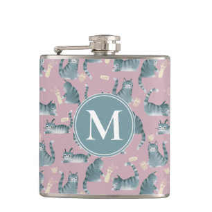 Bad Grey Tabby Cats Knocking Stuff Over & Monogram Hip Flask
