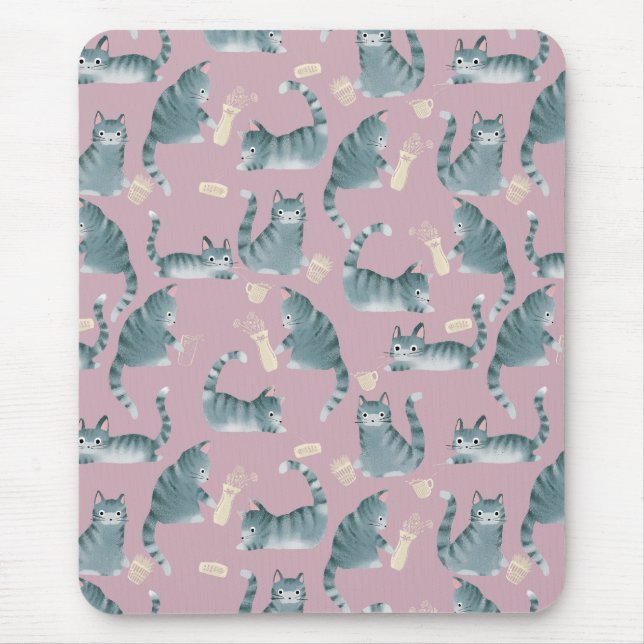 Bad Grey Tabby Cats Knocking Stuff Over & Monogram Mouse Pad (Front)