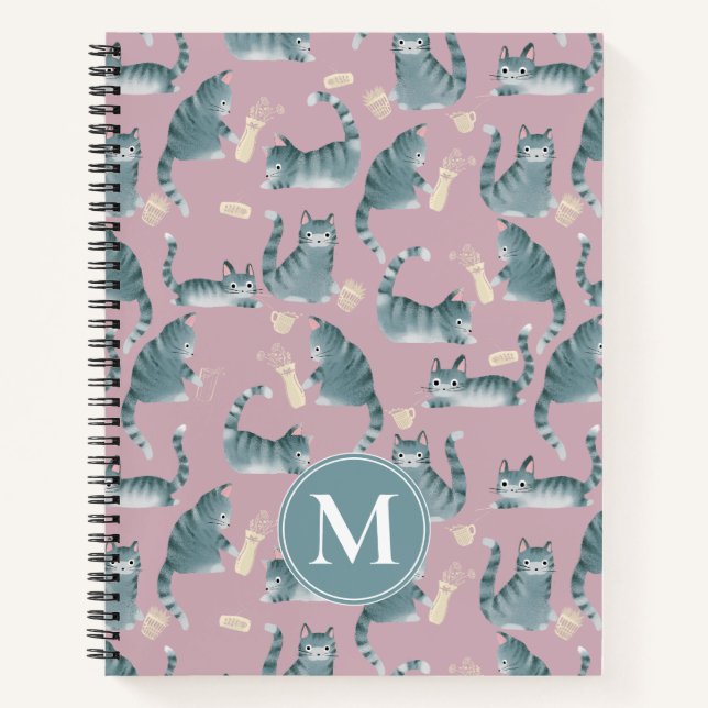 Bad Grey Tabby Cats Knocking Stuff Over & Monogram Notebook (Front)