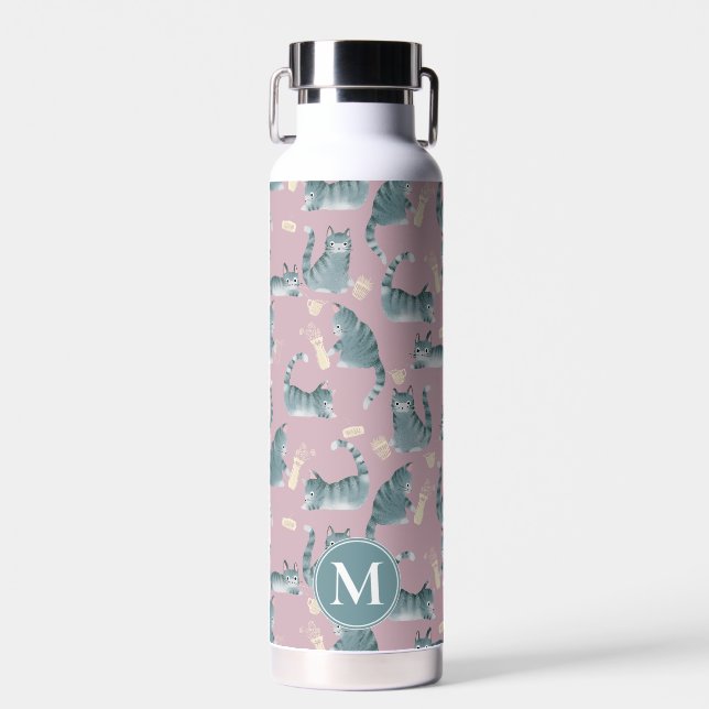 Bad Grey Tabby Cats Knocking Stuff Over & Monogram Water Bottle (Front)