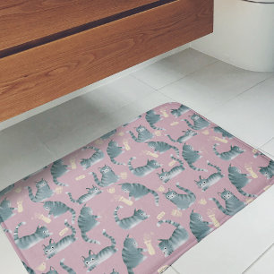 Bad Grey Tabby Cats Knocking Stuff Over Pattern Bath Mat