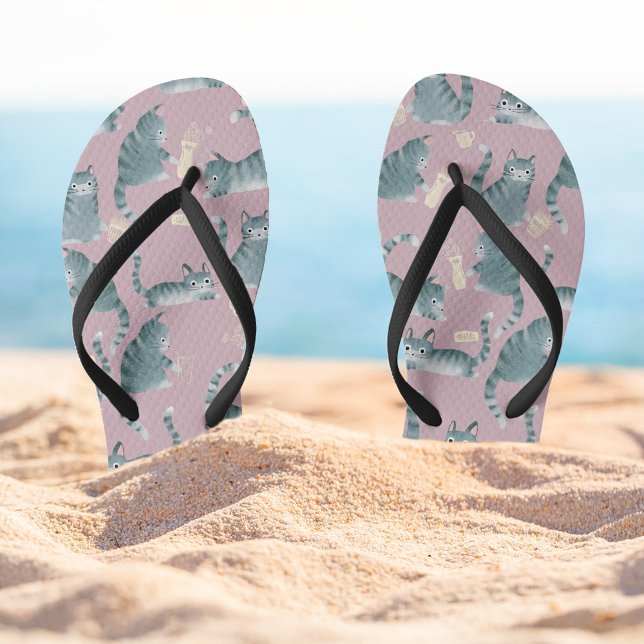 Bad Grey Tabby Cats Knocking Stuff Over Pattern Jandals (Bad Grey Tabby Cats Knocking things over patterned flip-flops )