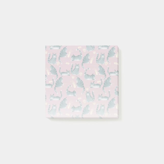 Bad Grey Tabby Cats Knocking Stuff Over Pattern Post-it Notes (Front)