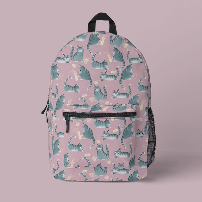 Bad Grey Tabby Cats Knocking Stuff Over Printed Backpack (Bad Cats Knocking Stuff Over Patterned Backpack)