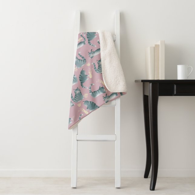 Bad Grey Tabby Cats Knocking Stuff Over Sherpa Blanket (In Situ)