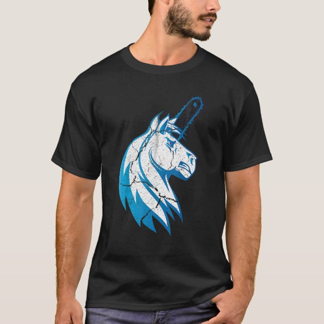 Bad Horse Unicorn With Chainsaw And Blue Flames T-Shirt (Front)