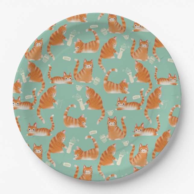 Bad Orange Tabby Cats Knocking Stuff Over Pattern Paper Plate (Front)
