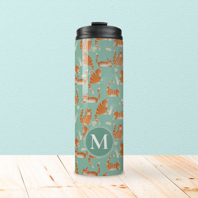 Bad Orange Tabby Cats Knocking Stuff Over Pattern Thermal Tumbler (Cute Orange Tabby Cats Knocking Stuff Over Pattern with Custom Monogram)