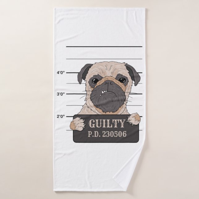 bad pug puppy dog guilty mugshot jail prison thug  bath towel (Bath Towel)
