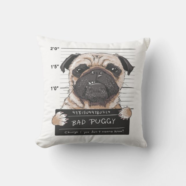 Bad Puggy Mug Shot Cushion (Front)