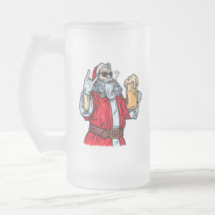 Bad Santa Claus, Rock, Beer and Cigar Frosted Glass Beer Mug