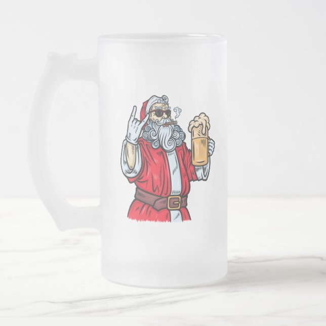 Bad Santa Claus, Rock, Beer and Cigar Frosted Glass Beer Mug (Left)