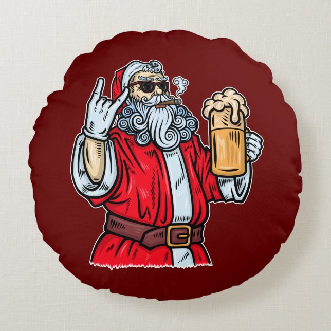 Bad Santa Claus, Rock, Beer and Cigar Round Cushion (Front)
