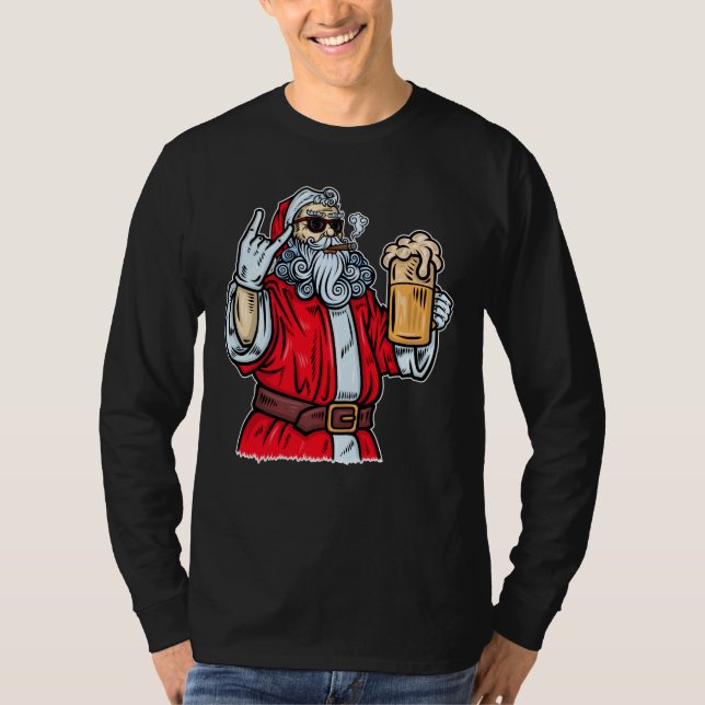 Bad Santa Claus, Rock, Beer and Cigar T-Shirt (Front)