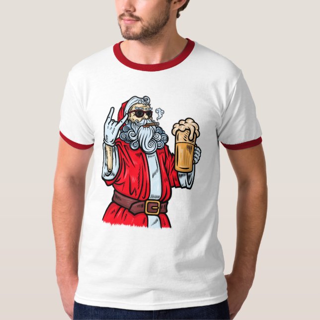 Bad Santa Claus, Rock, Beer and Cigar T-Shirt (Front)