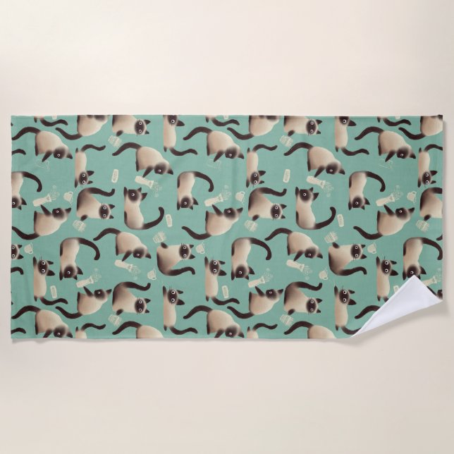 Bad Siamese Cats Knocking Stuff Over Beach Towel (Front)