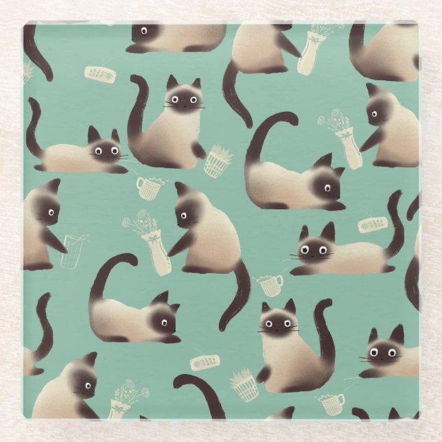 Bad Siamese Cats Knocking Stuff Over Glass Coaster (Front)