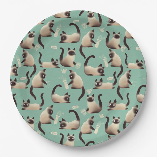 Bad Siamese Cats Knocking Stuff Over Paper Plate (Front)