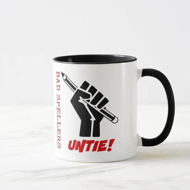 Bad Spellers Untie! Raised Fist Grammar Humour Mug (Right)