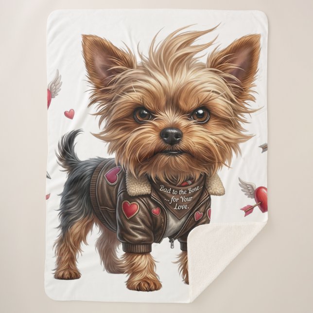 Bad to the Bone Yorkie Valentine Sherpa Blanket (Front)