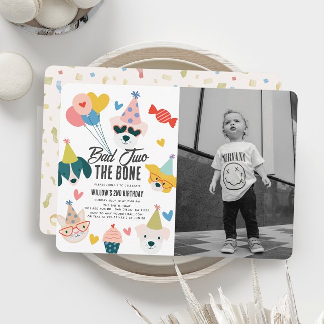 Bad Two the Bone Dogs & Cat 2nd Birthday Photo Invitation (Creator Uploaded)