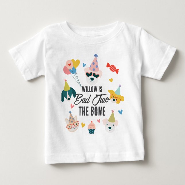 Bad Two the Bone Dogs & Cat Balloons 2nd Birthday Baby T-Shirt (Front)