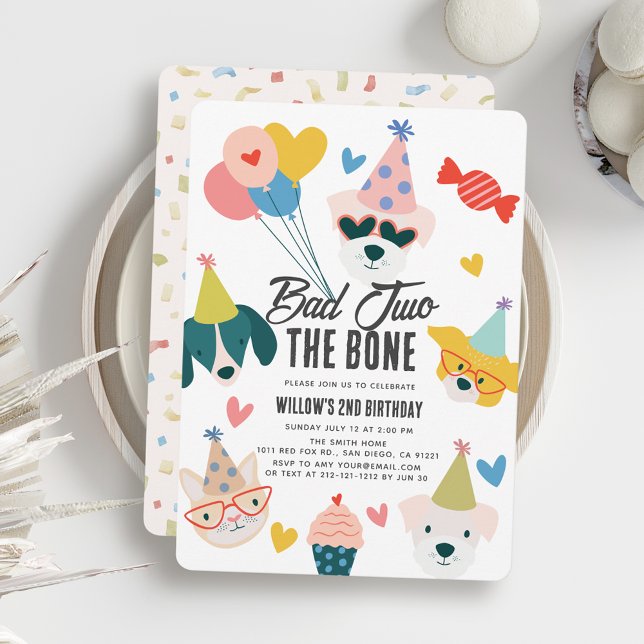 Bad Two the Bone Dogs & Cat Balloons 2nd Birthday Invitation (Creator Uploaded)
