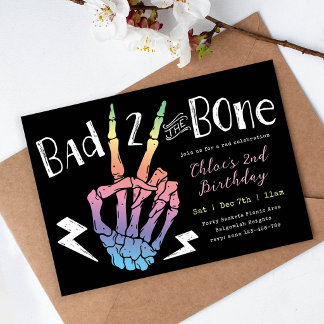 Bad TWO the Bone Girls Pastel Rainbow 2nd Birthday Invitation