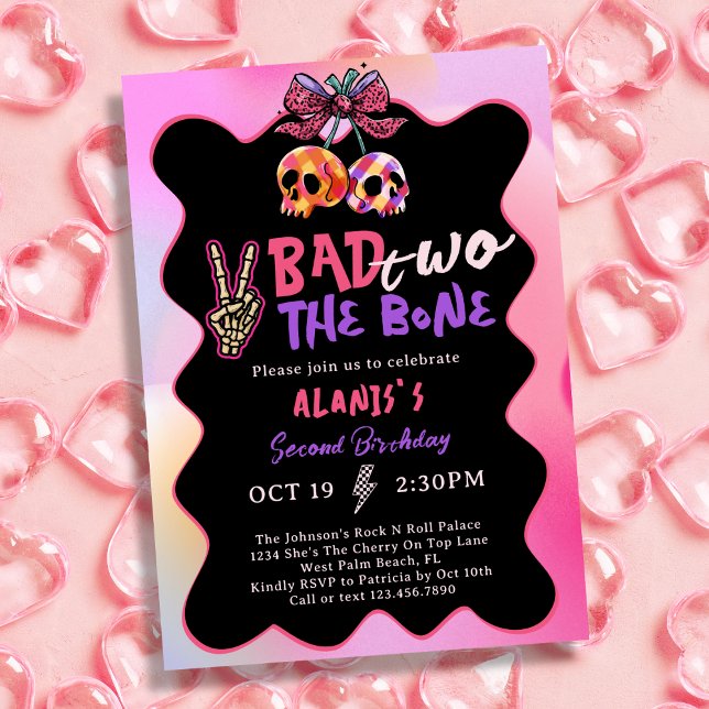Bad Two The Bone Pink Purple 2nd Birthday Party Invitation (Creator Uploaded)