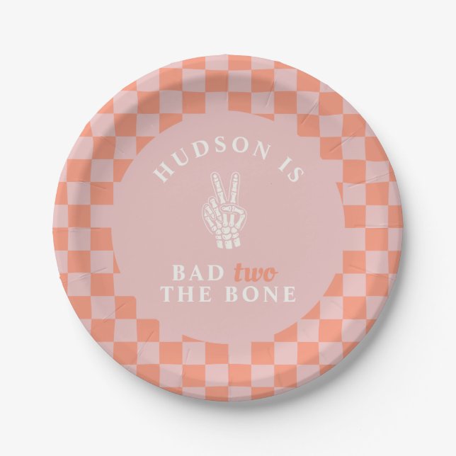 Bad TWO The Bone Pink Second Birthday Paper Plate (Front)