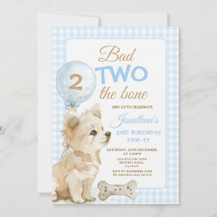 Bad Two the Bone Puppy 2nd Birthday Pawty Gingham Invitation