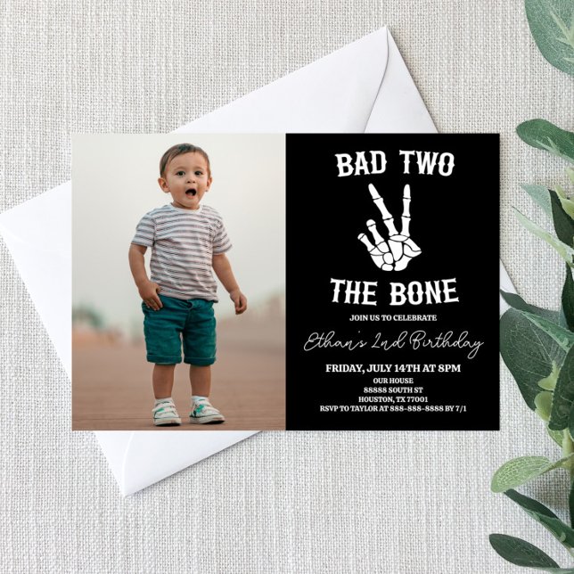 Bad Two The Bone Skeleton Photo 2nd Birthday Party Invitation (Creator Uploaded)