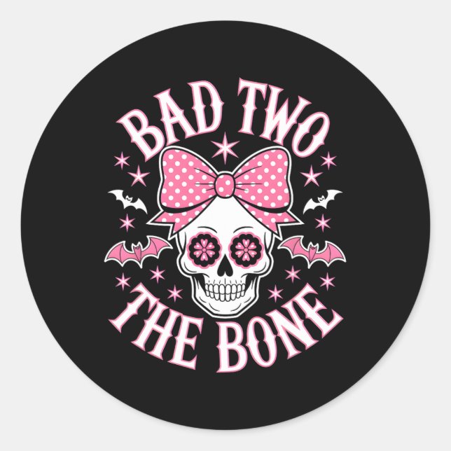 Bad Two The Bone Skull Pink Bow Stars  Classic Round Sticker (Front)