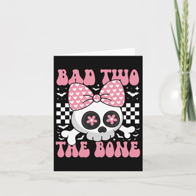 Bad Two The Bone Skull With Pink Bow For Halloween Card (Front)