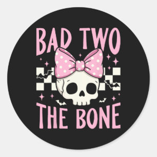 Bad Two The Bone Skull With Pink Bow For Halloween Classic Round Sticker